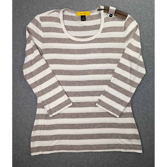 St John Blouse Women's Large Yellow Label Ivory Tan Stripe 3/4 Sleeve Zipper - Picture 3 of 10